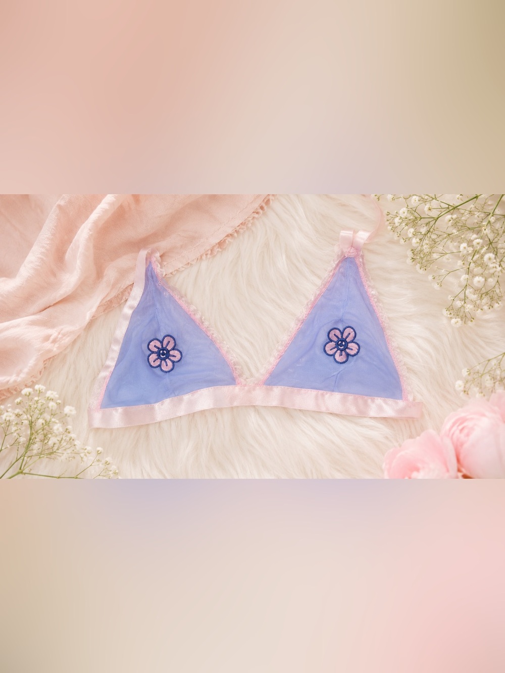 Lazy Oaf Lavender Sheer Floral Triangle Bralette with Pale Pink Trim